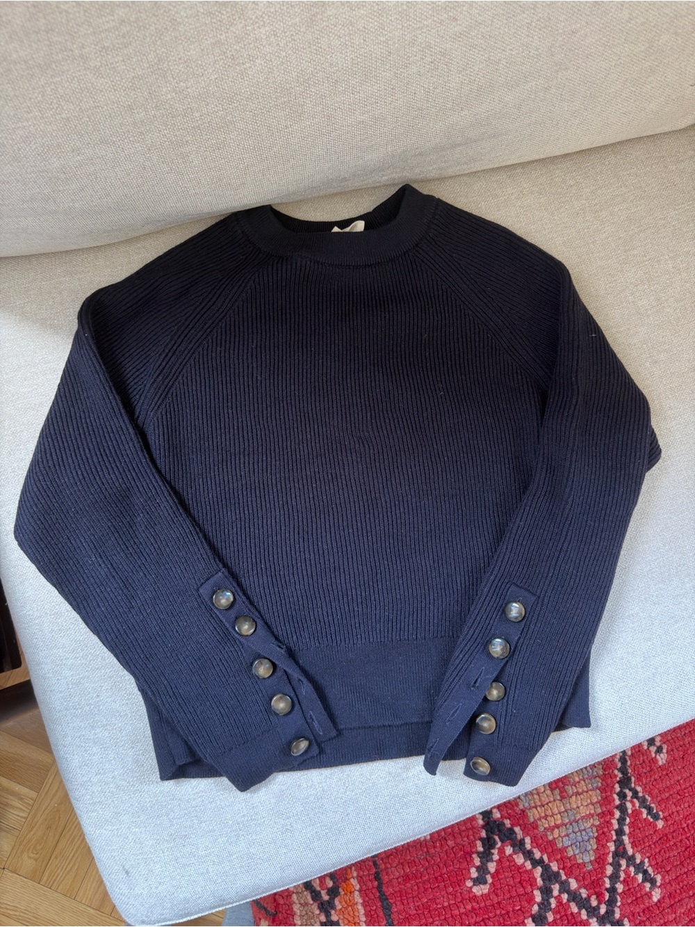 Sezane Navy Ribbed Crewneck Sweater with Button Cuffs